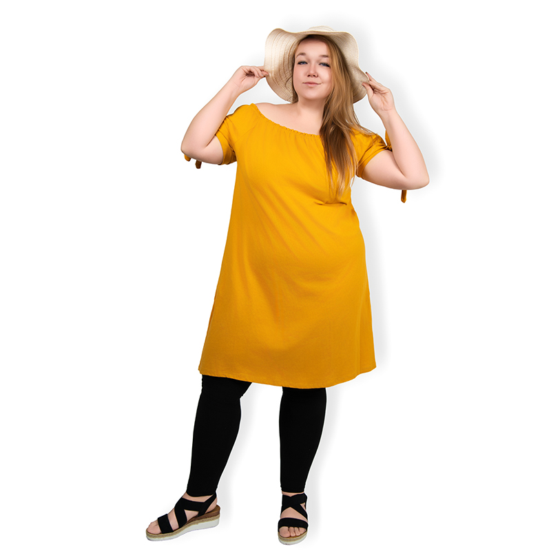 PLUS SIZE šaty Carmen - žlutá, sednou do velikosti 50