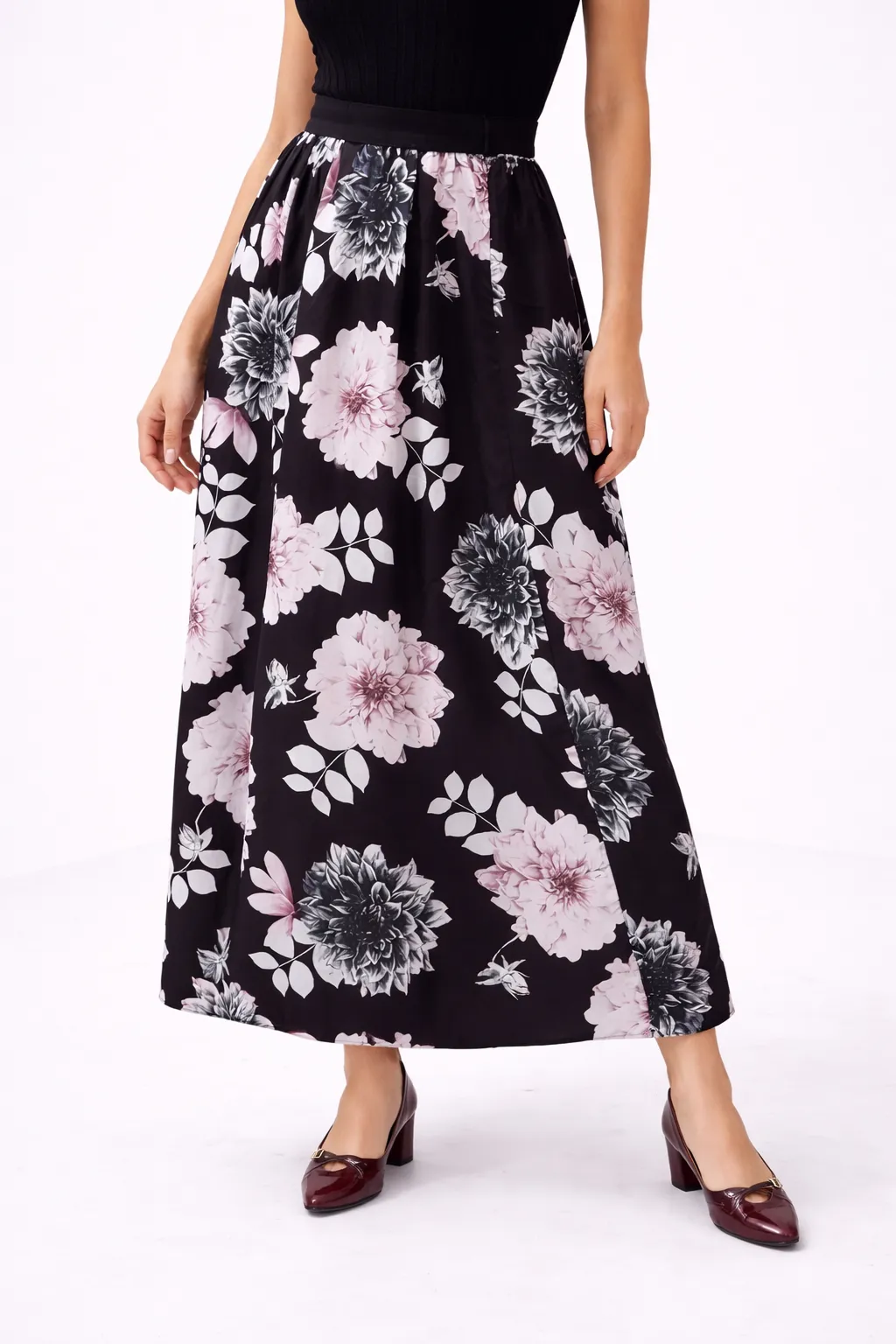 Bloom - dlouhá sukně s květy - černá, sedne od velikosti XS do XL