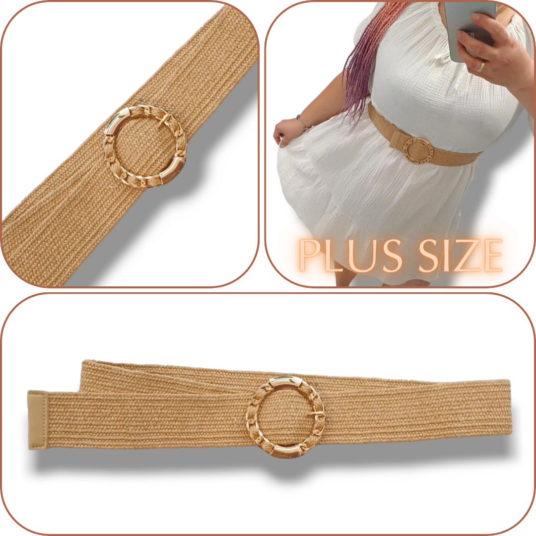 PLUS SIZE pružný přírodní pásek se zlatou sponou - khaki