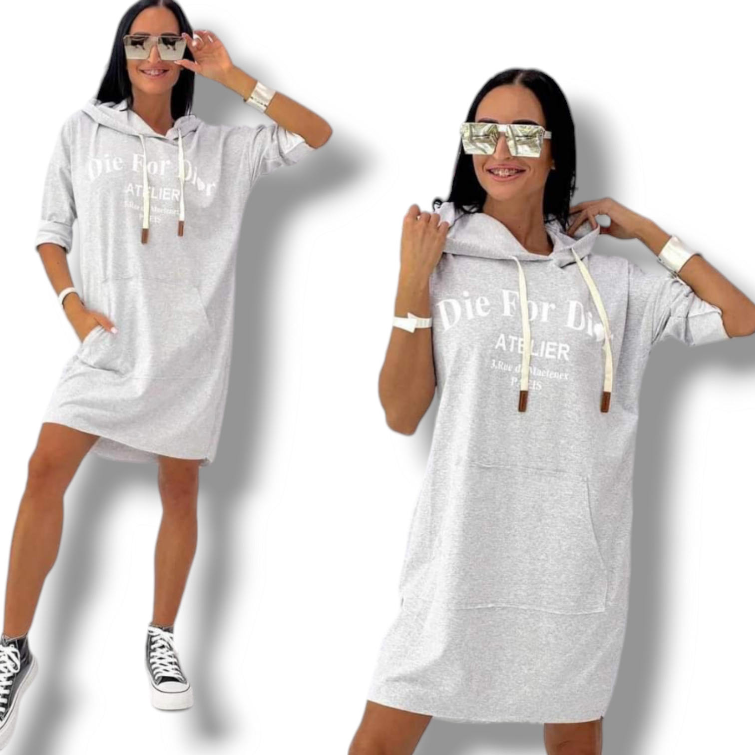 DIE FOR DIOR mikina/šaty - šedá, velikost sedne od S do XL