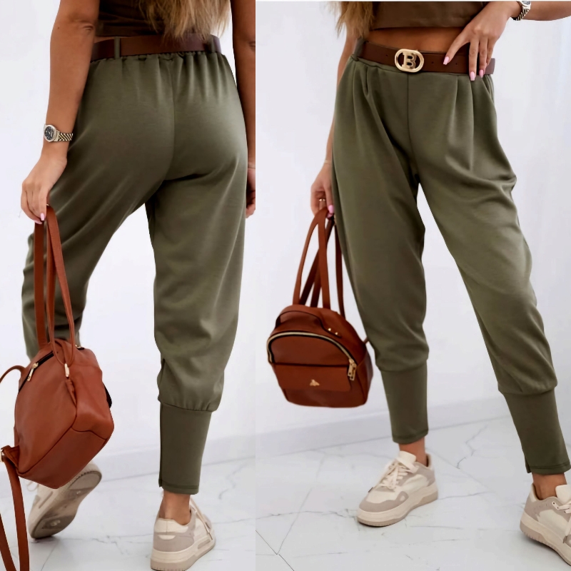 SOPHIA - stylové kalhoty s páskem, khaki, velikost sedne od S do L