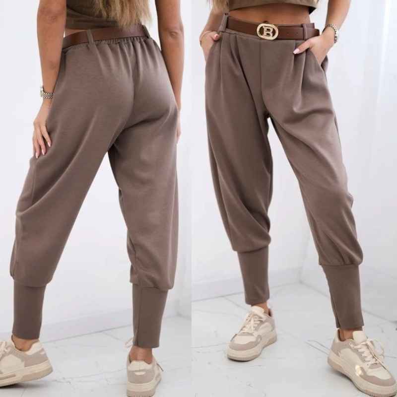 SOPHIA - stylové kalhoty s páskem, hnědá, velikost sedne od S do L