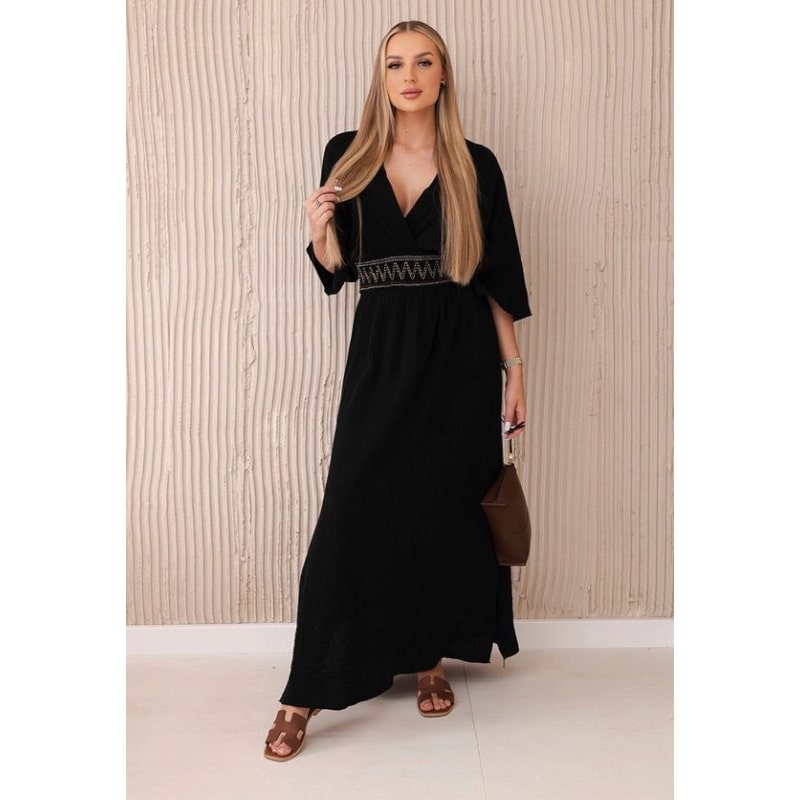 MELANIE - mušelínové šaty s výšivkou v pase, černá, sednou od velikosti S do L