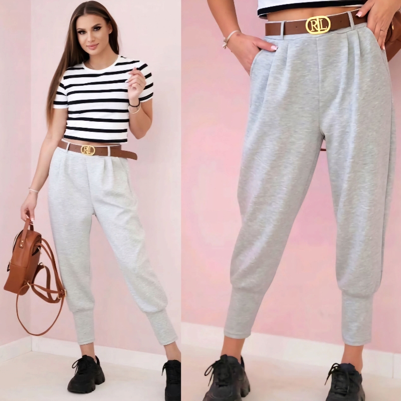 SOPHIA - stylové kalhoty s páskem, šedá, velikost sedne od S do L