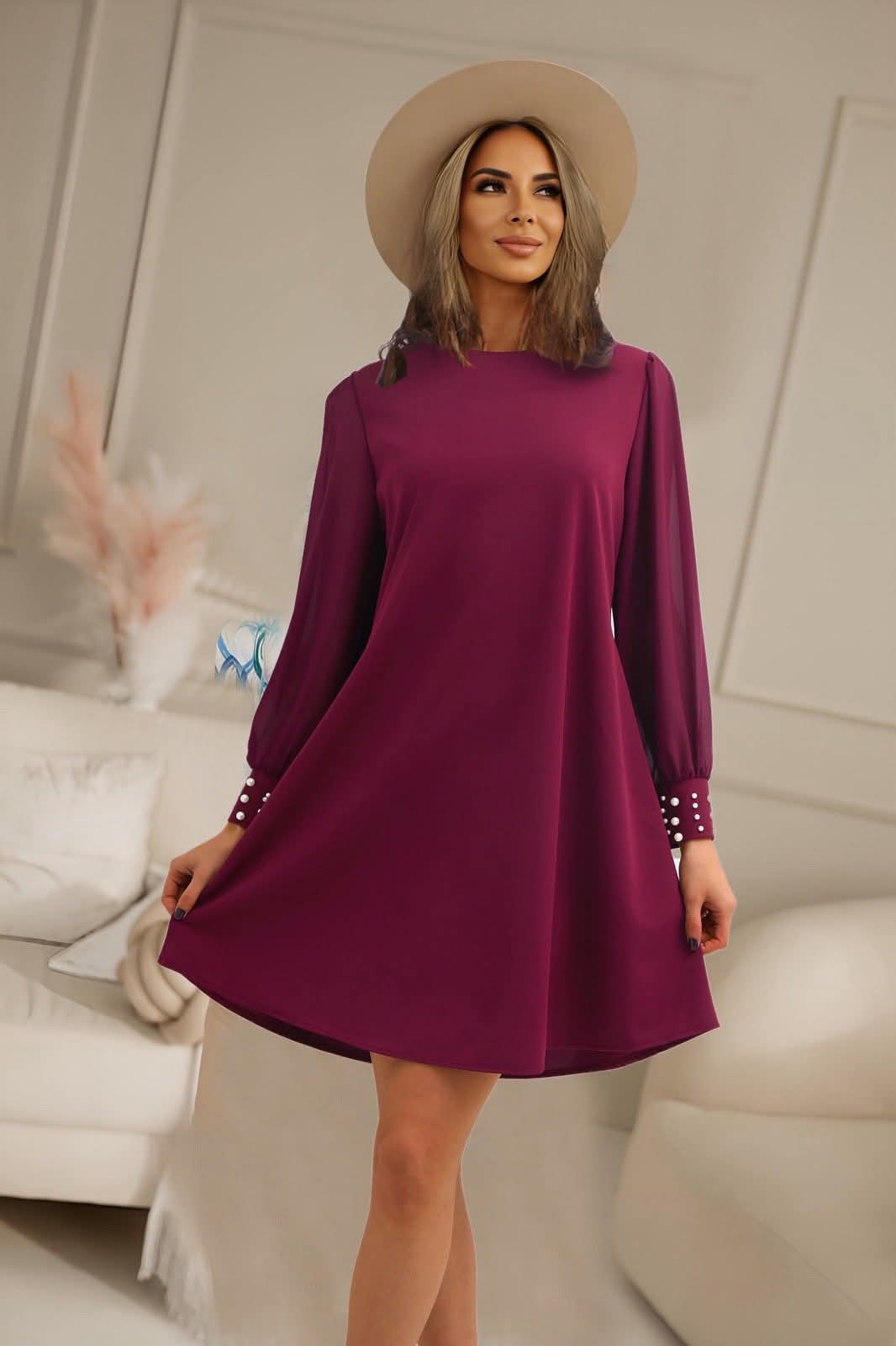 CRYSTAL - šaty s perličkami - burgundy, velikost sedne od S do XL