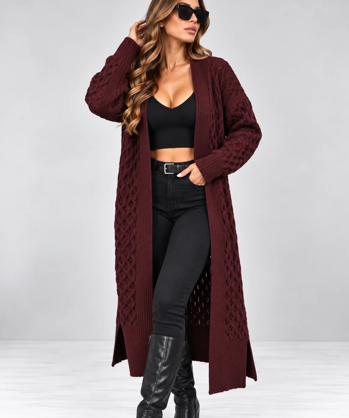 ADRIANA - dlouhý kardigan - burgundy, velikost sedne od S do XL