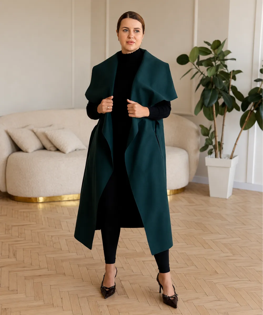 Moly - flaušová vesta dlouhá - smaragdová, sedne od velikosti XS do L
