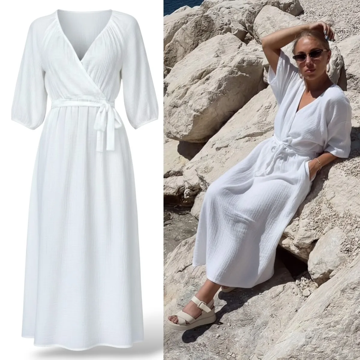 JESSICA - dlouhé mušelínové šaty - kokosová, sedne od velikosti XS do XL