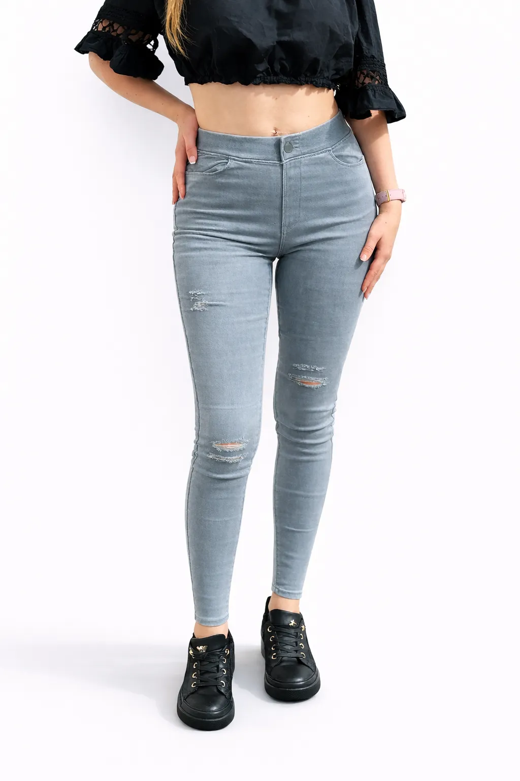 KLAUDIE - trhané džegíny - šedomodrá, velikost S/M