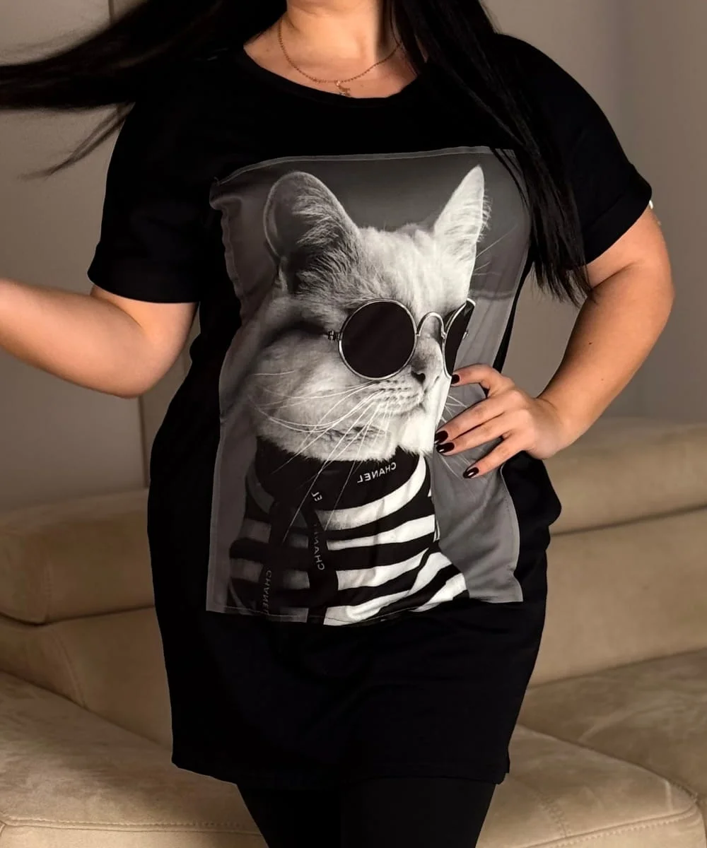 Catish - PLUS SIZE tunika s kočičím potiskem, sedne do velikosti 48