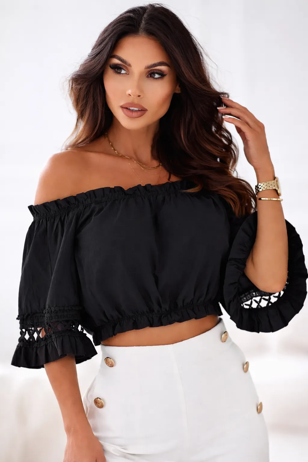 Dalvio - krajkový crop top - černá, sedne od velikosti XS do XL
