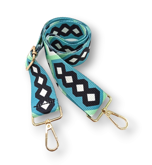 Popruh na kabelku/ledvinu s geometrickým vzorem v modro-černé barvě