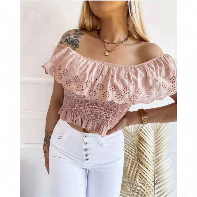 Ažurový crop top Noemi - růžová, velikost sedne od S do XL