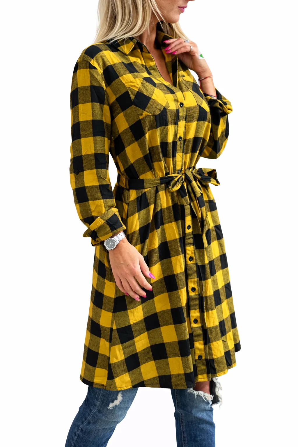 Katie - košilové kostkované šaty s páskem, velikost S/M