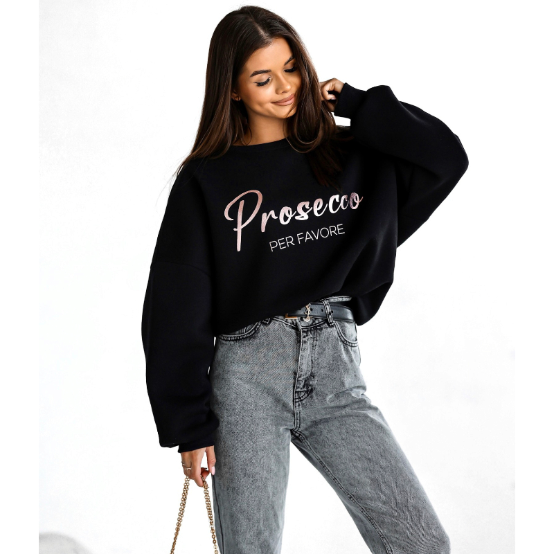 Oversize mikina Prosecco PER FAVORE - černá, sedne až do velikosti 50