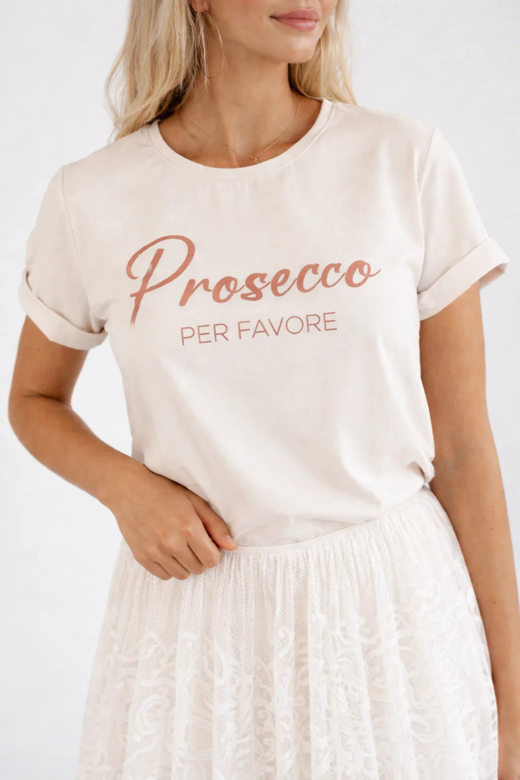 PROSECCO PER FAVORE tričko - béžová, sedne od velikosti XS do M