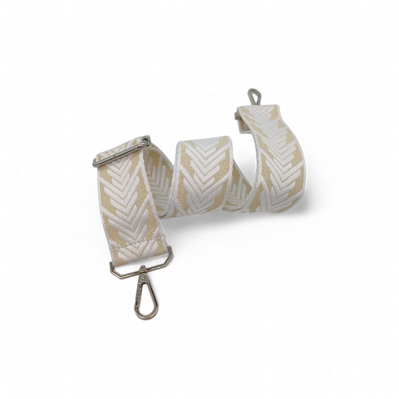Popruh na kabelku/ledvinu béžovo-bílým chevronovým vzorem