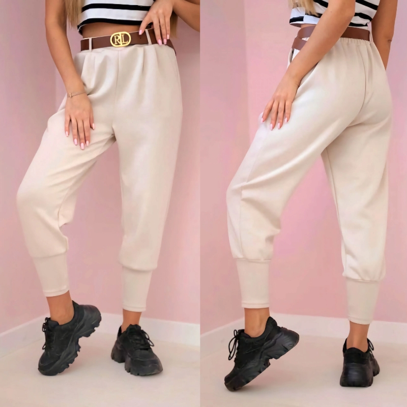 SOPHIA - stylové kalhoty s páskem, béžová, velikost sedne od S do L