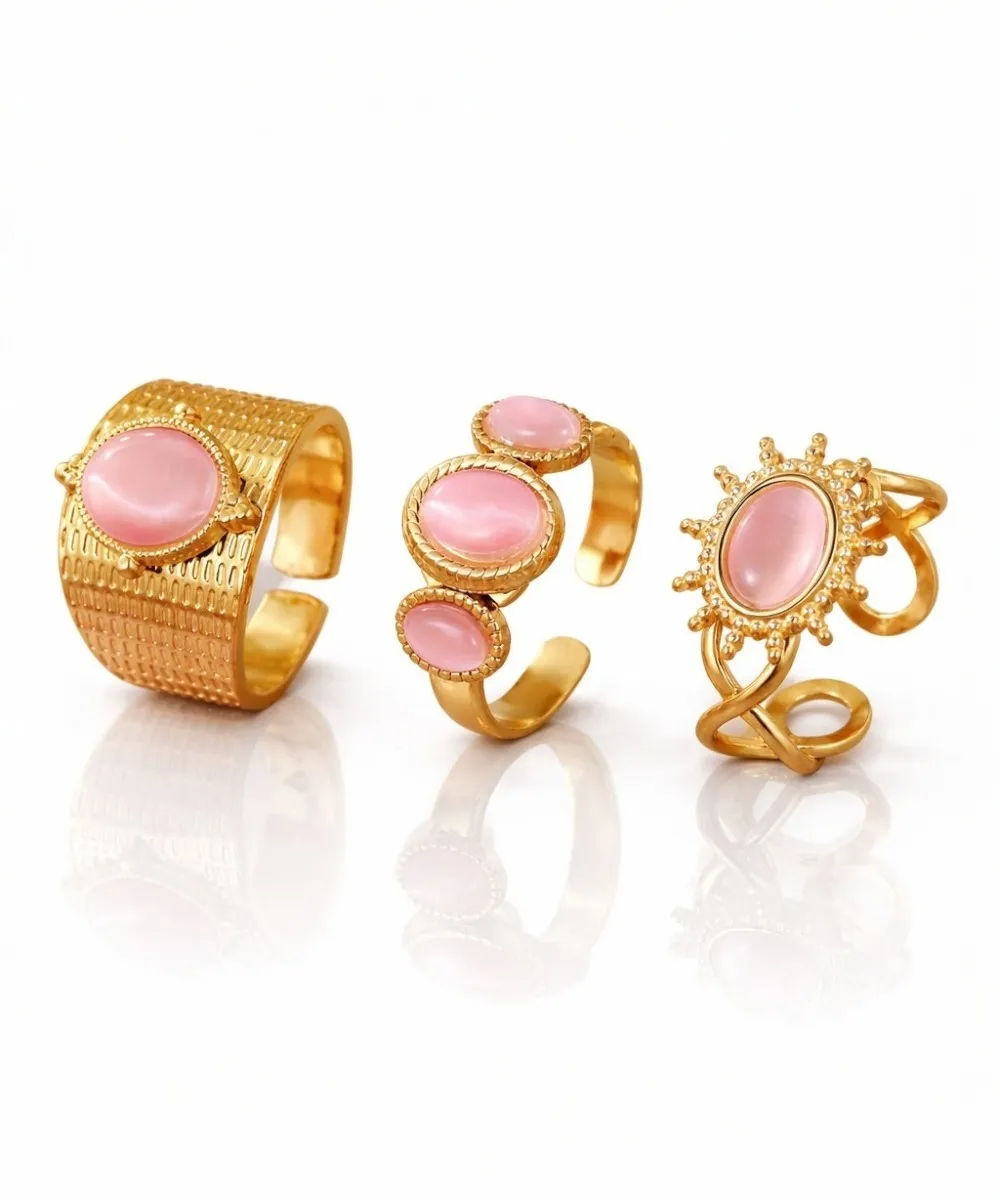 SUNNY TRIO - růžová sada prstenů (3 ks) - chirurgická ocel