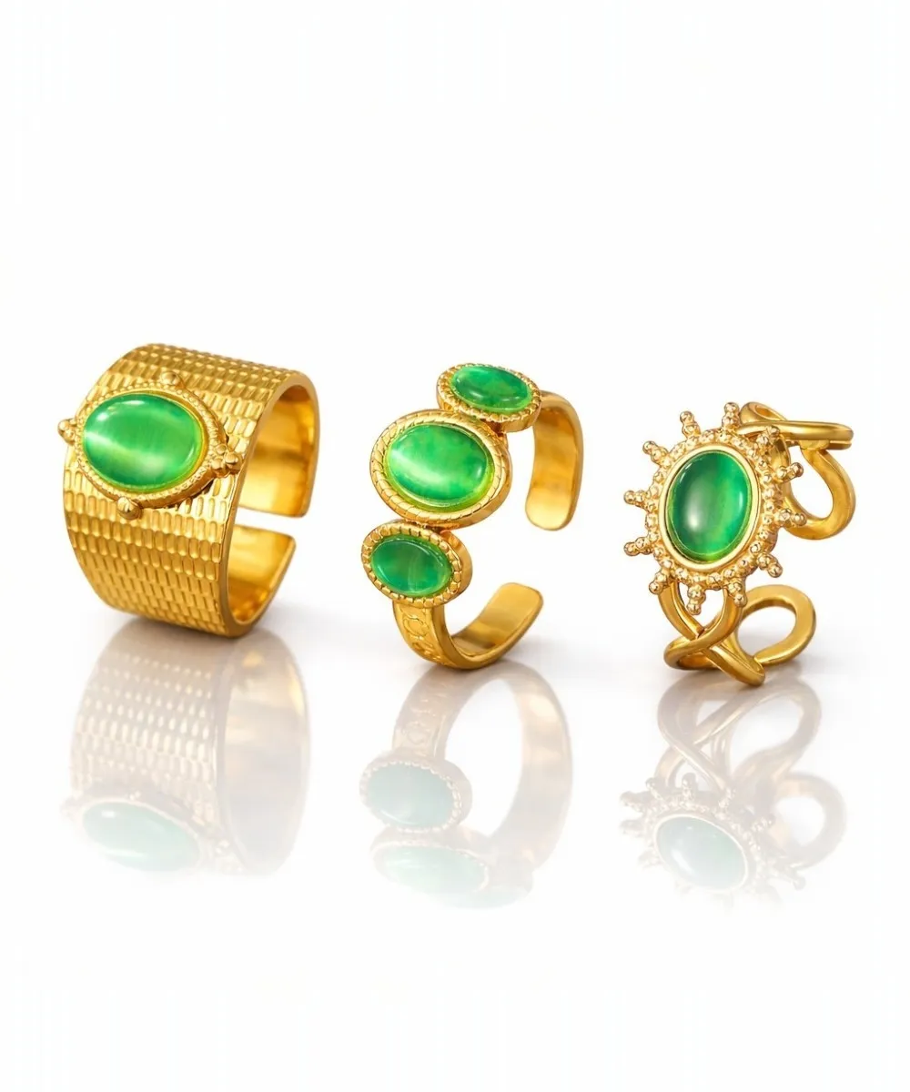 SUNNY TRIO - zelená sada prstenů (3 ks) - chirurgická ocel