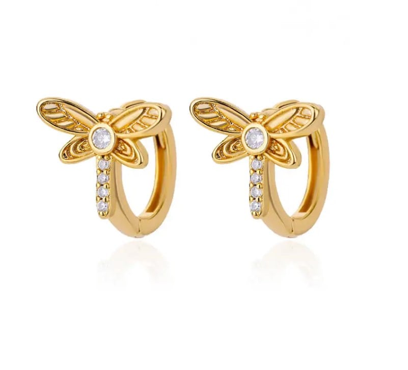 DRAGONFLY – náušnice z chirurgické s vážkou a zirkony, zlatá