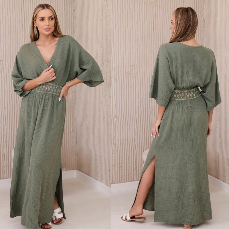 MELANIE - mušelínové šaty s výšivkou v pase, khaki, sednou od velikosti S do L