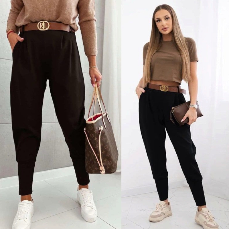 SOPHIA - stylové kalhoty s páskem, černá, velikost sedne od S do L