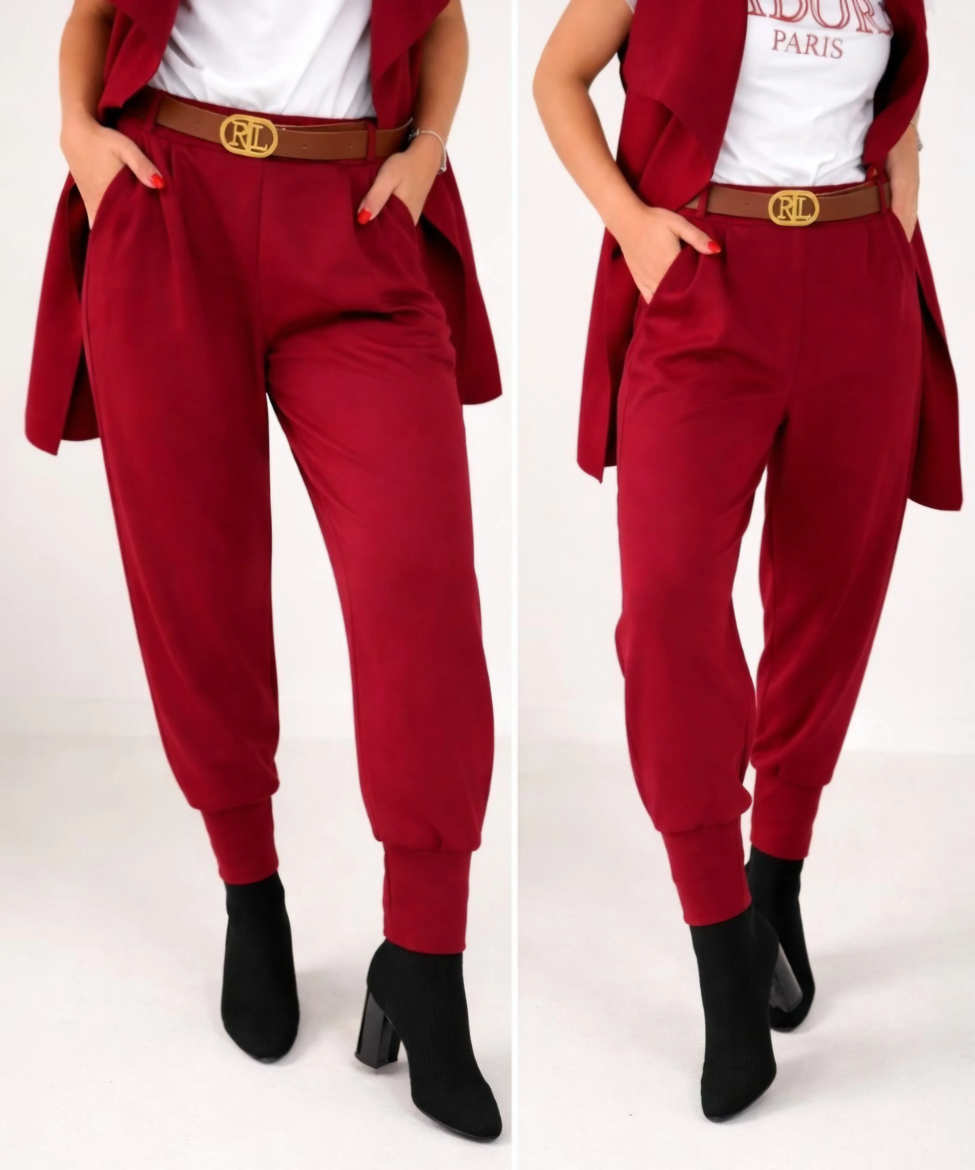 SOPHIA - stylové kalhoty s páskem, červená, velikost sedne od S do L