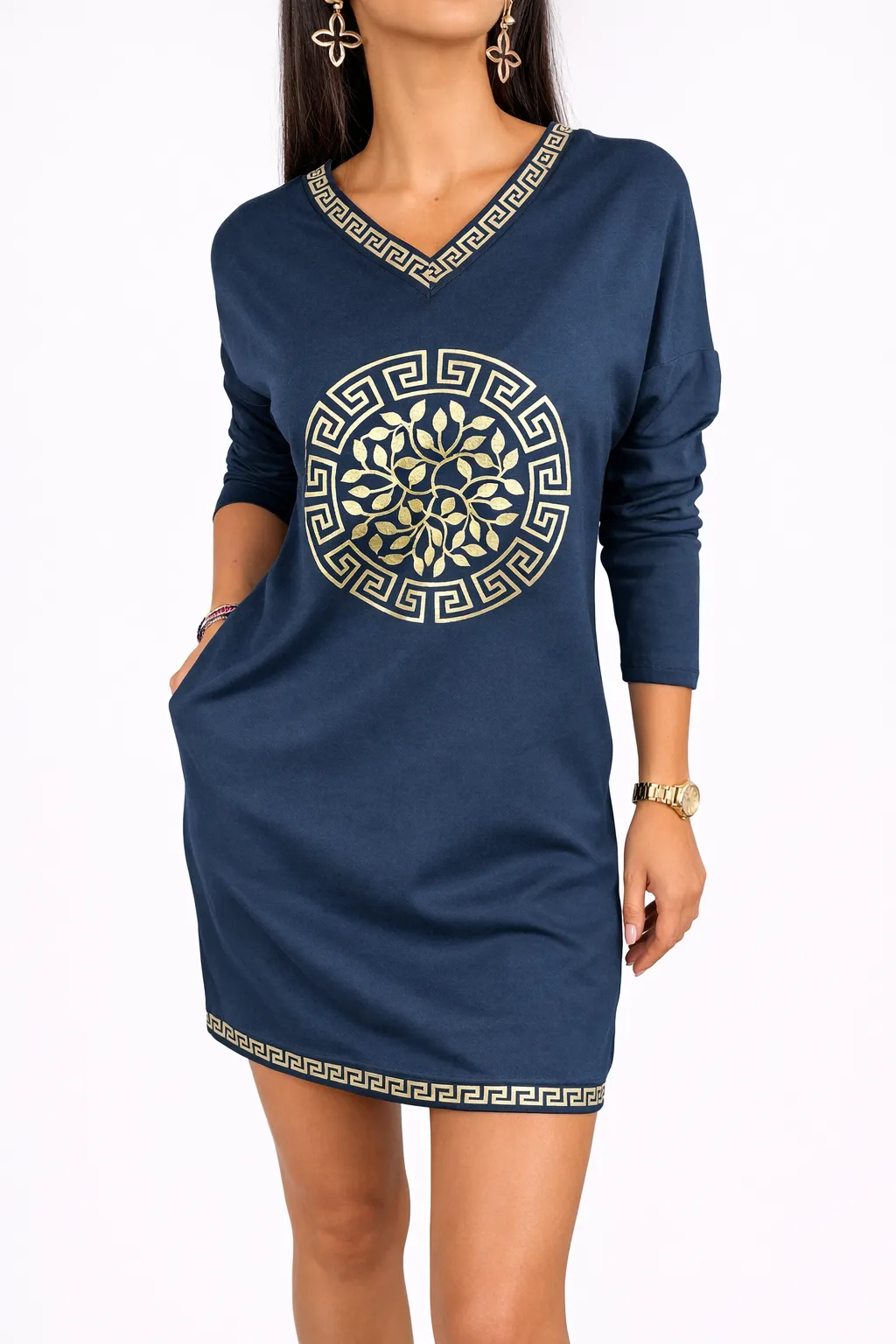 LOREN - šaty/tunika se zlatým potiskem, modrá - sedne od velikosti S do XL
