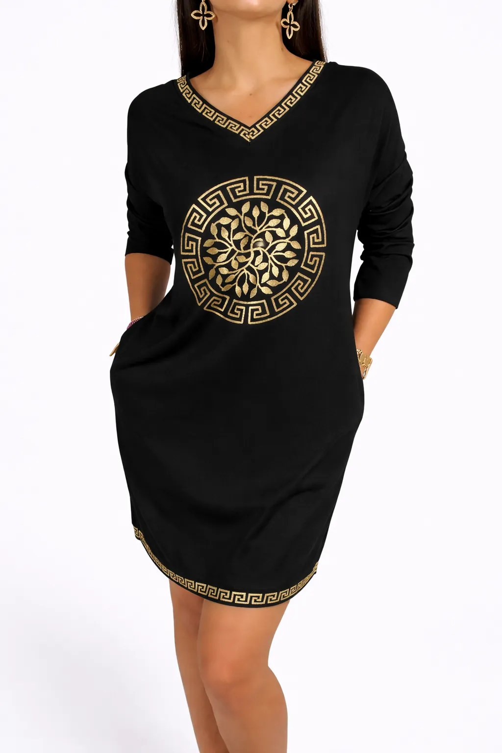 LOREN - šaty/tunika se zlatým potiskem, černá - sedne od velikosti S do XL