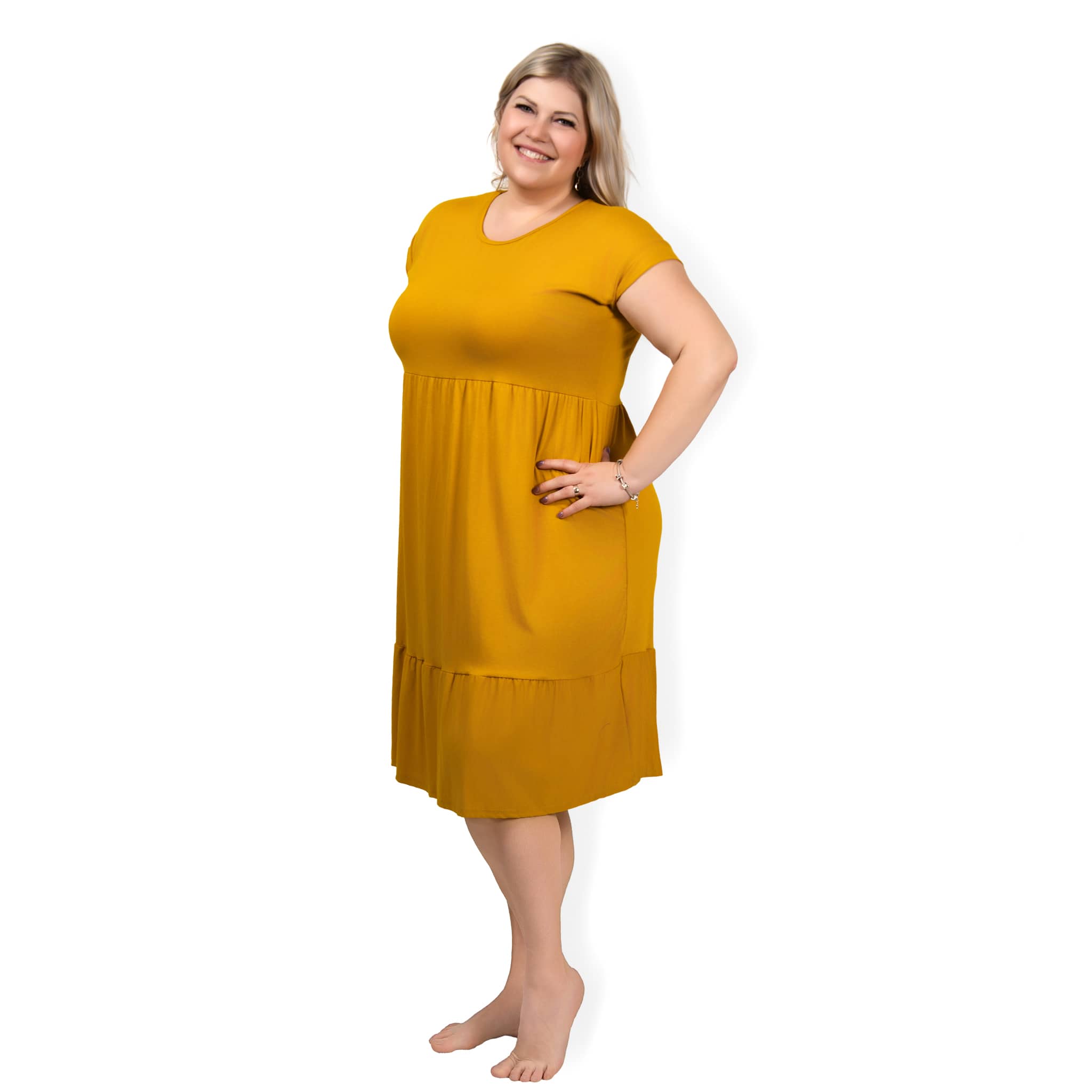 Kate PLUS SIZE šaty s volánkem - hořčicová, sednou do velikosti 50