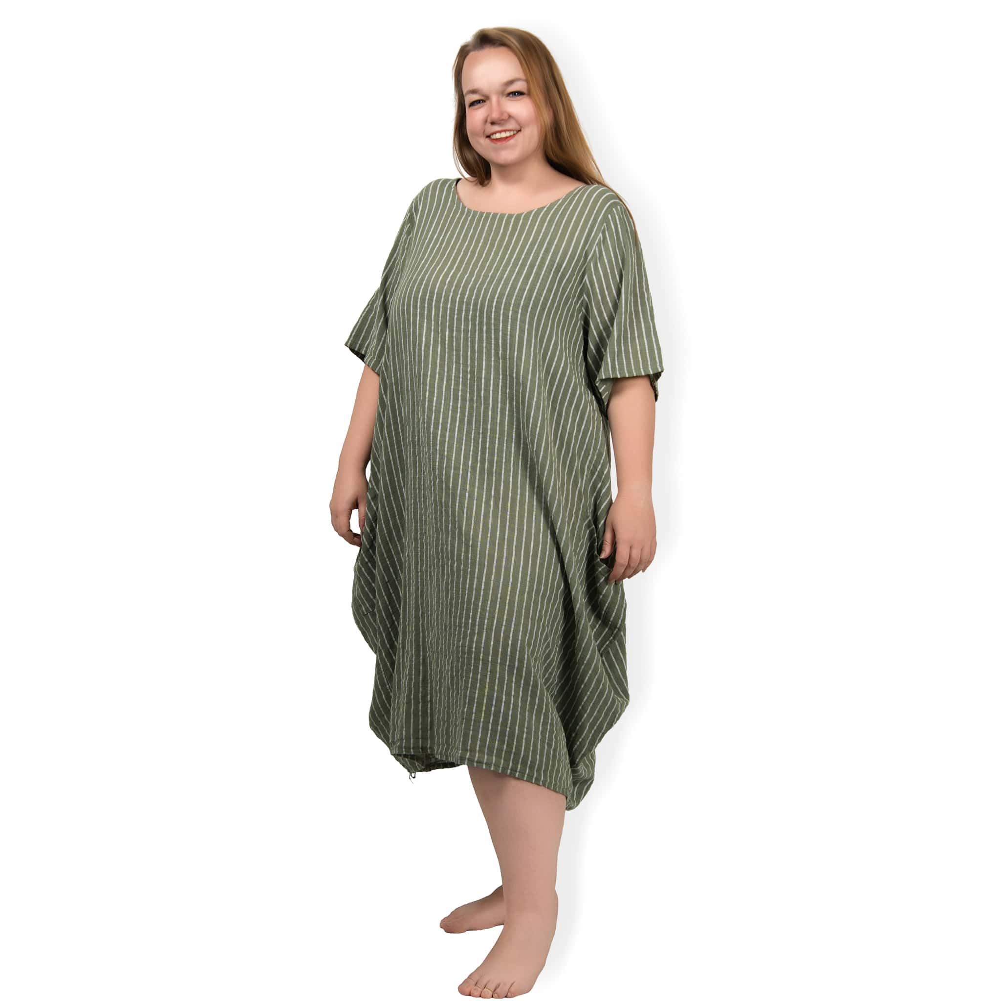 ALINA - pruhované PLUS SIZE šaty - khaki, sednou do velikosti 56