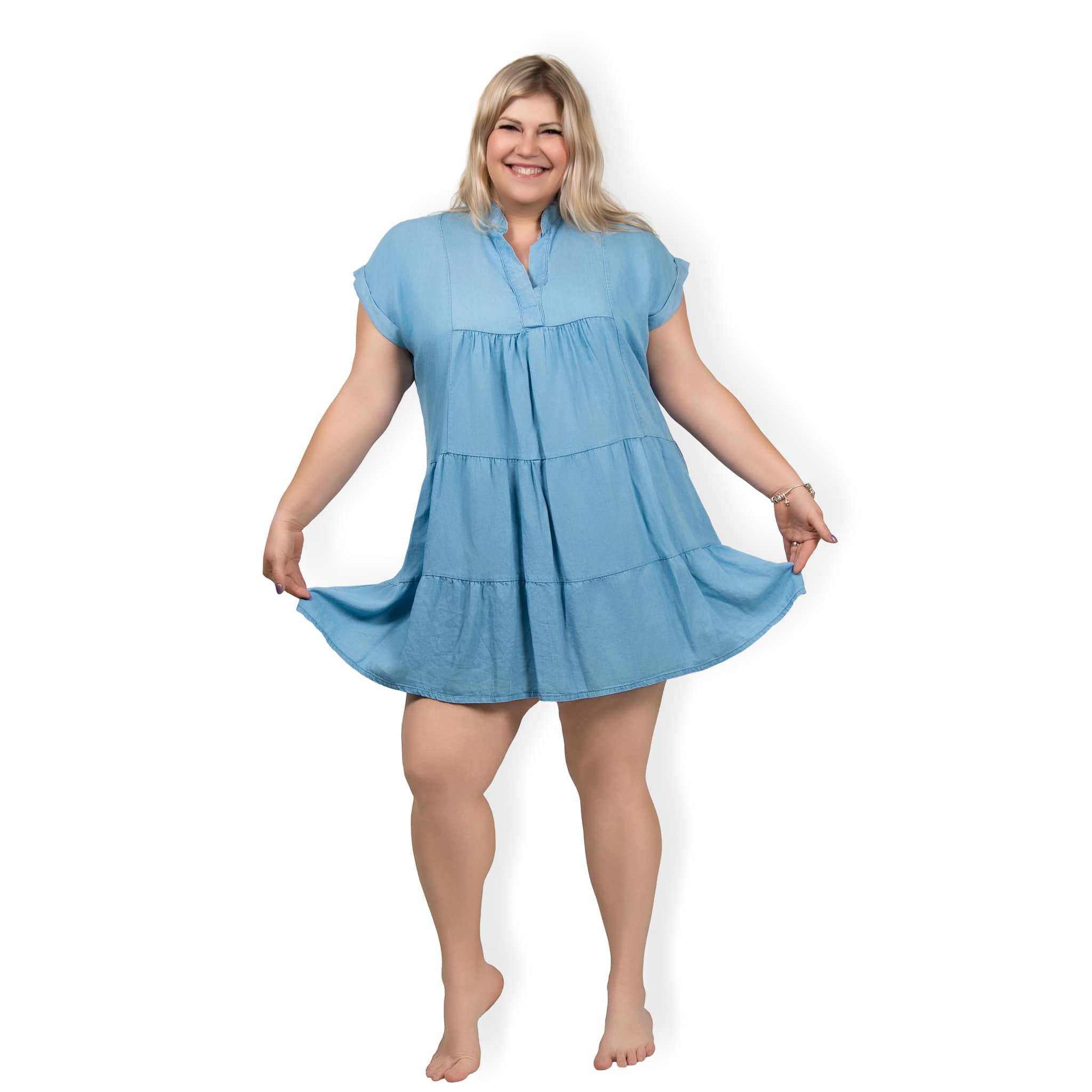 NERINA - riflové PLUS SIZE šaty - light denim, sednou do velikosti 52