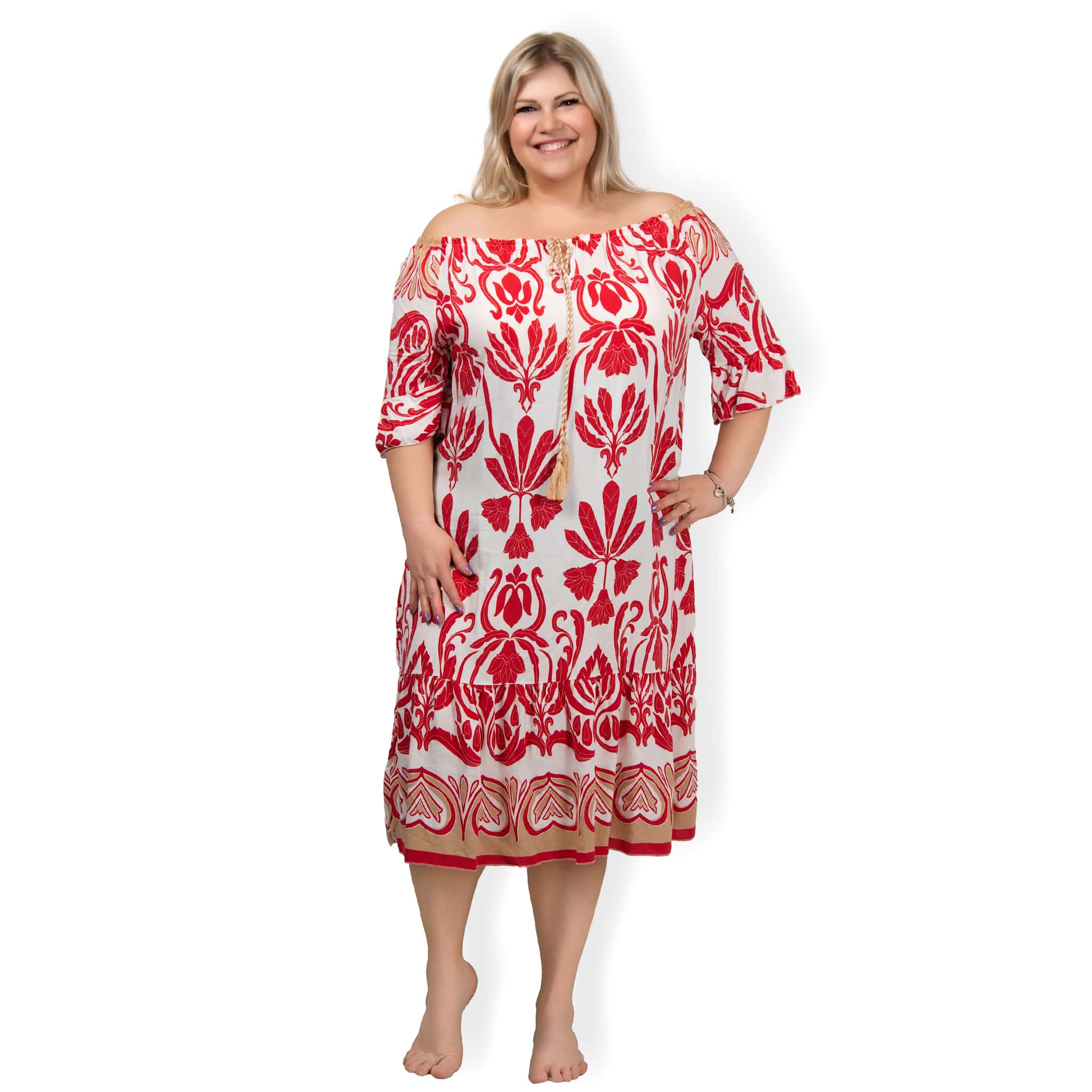 ESMÉ - PLUS SIZE šaty s potiskem - červená, sednou do velikosti 50