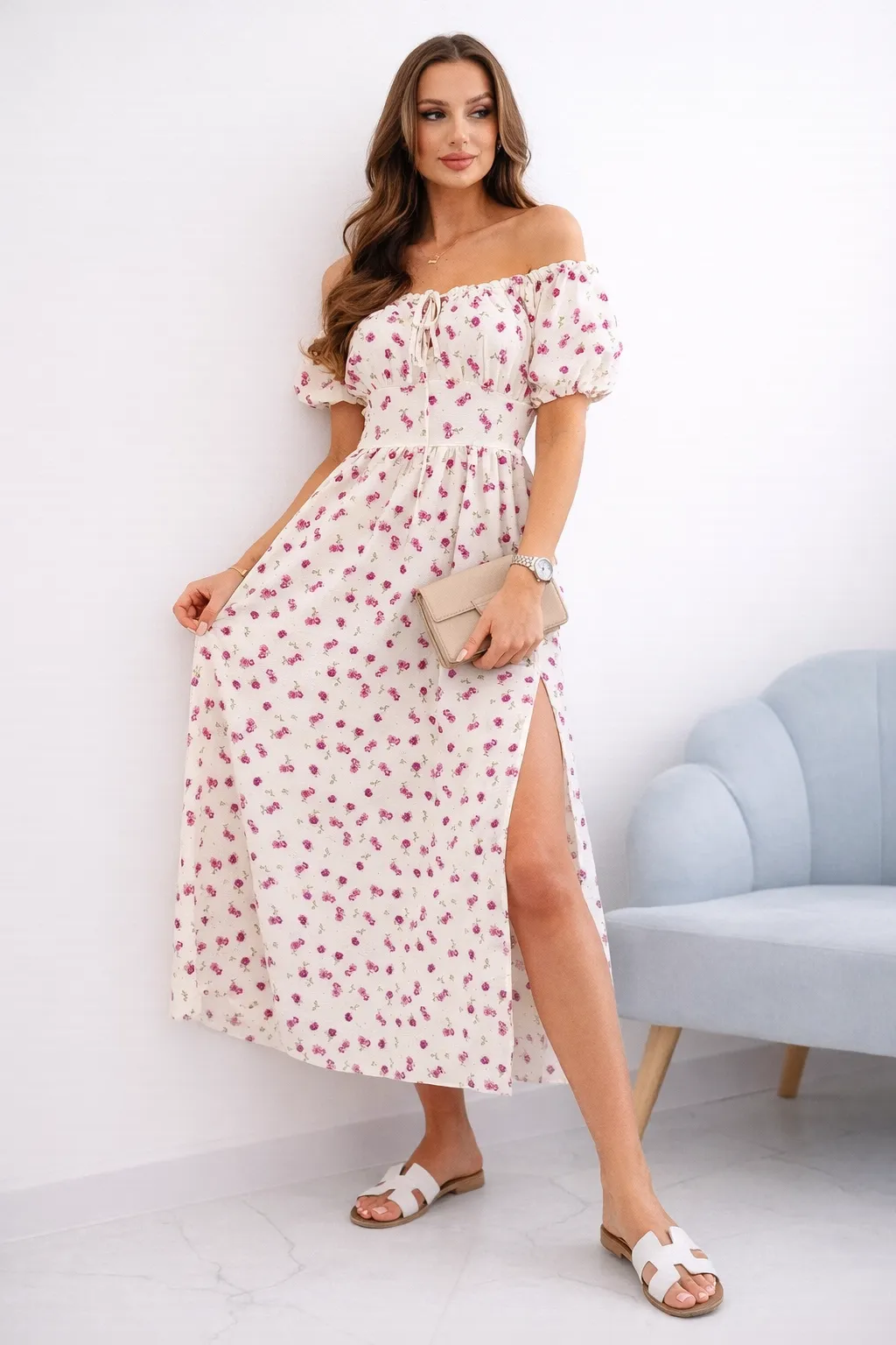 DOLCE VITA - květinové šaty - béžová a fialová, sednou do velikosti L