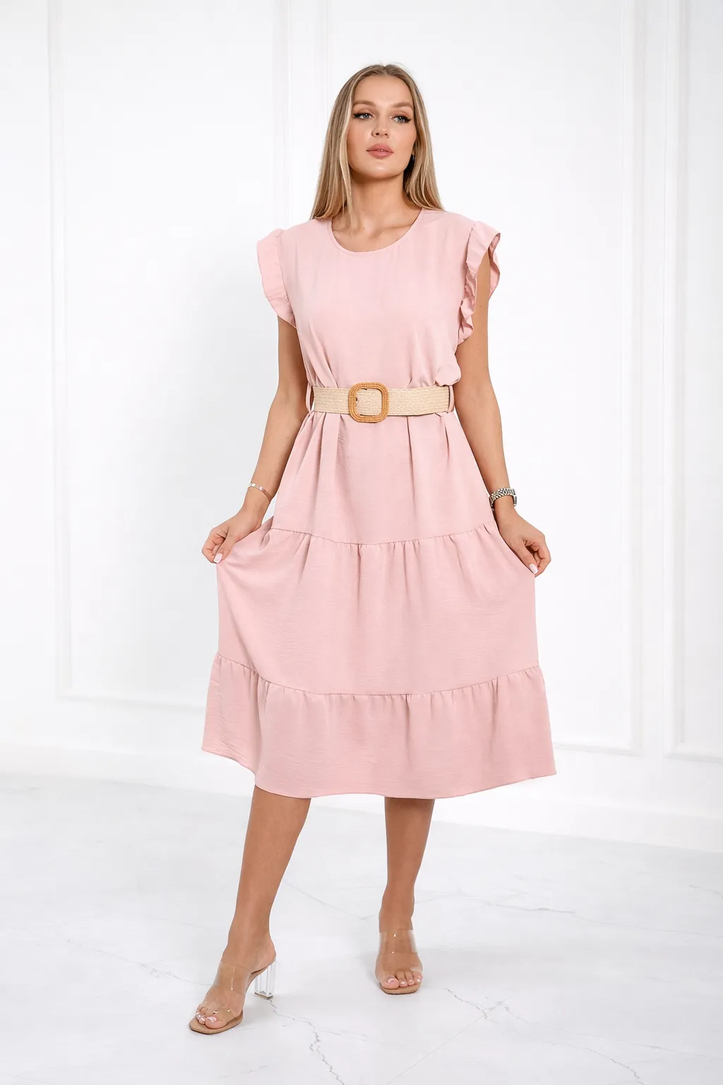 MILLY - šaty s páskem - pudrově růžové