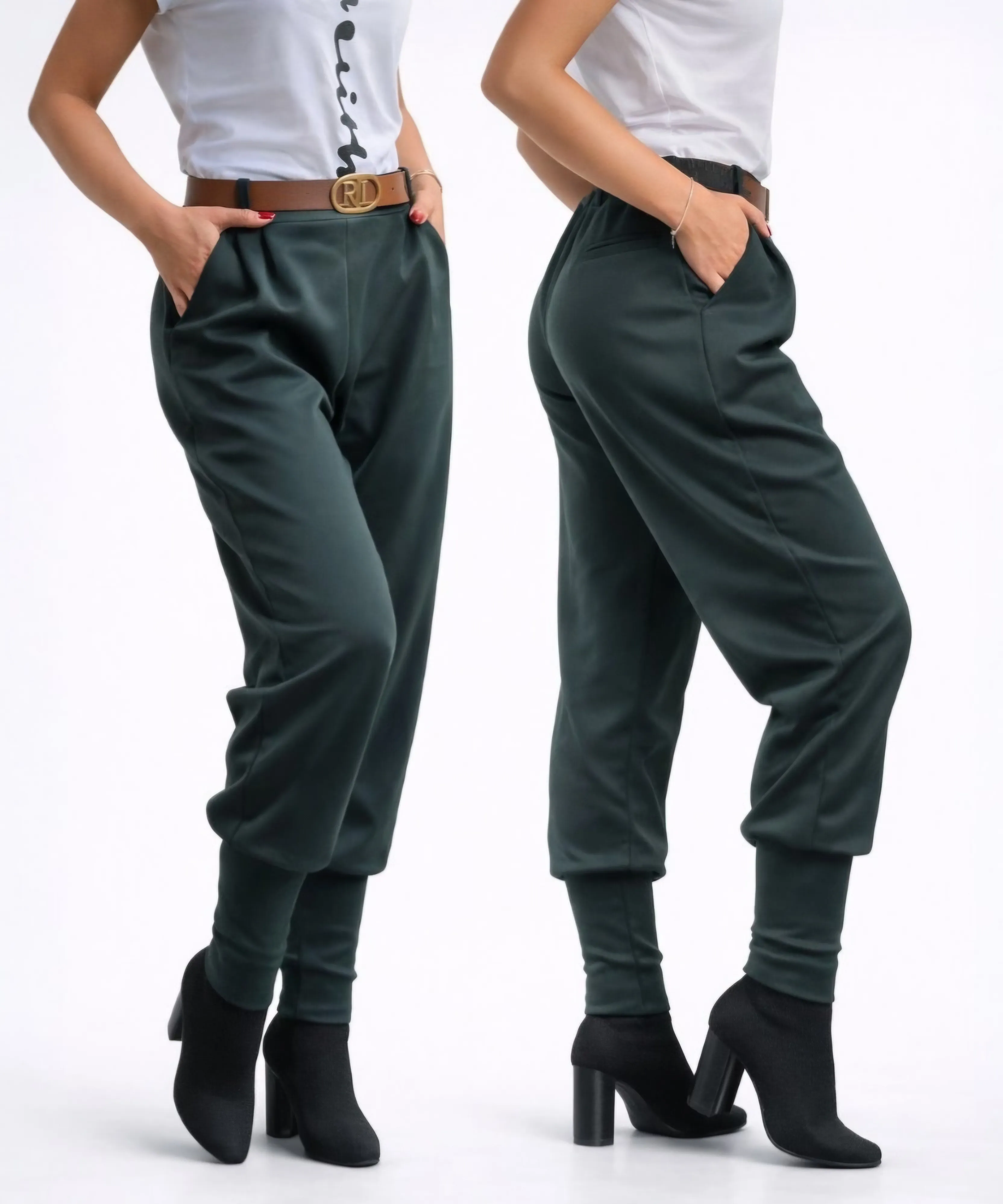 SOPHIA - stylové kalhoty s páskem, tmavě zelená, velikost sedne od S do L