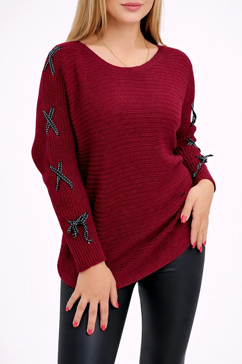 TASHA svetr - s mašlí - burgundy, sedne do velikosti L
