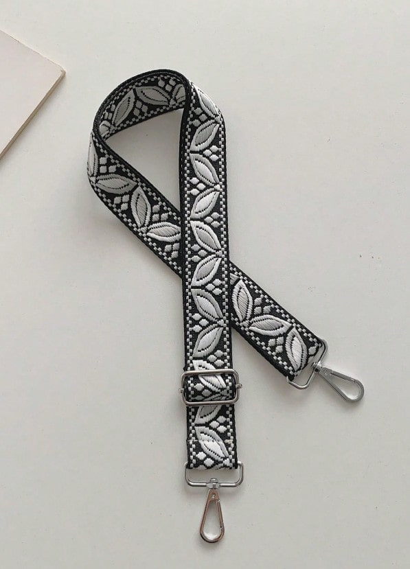 Černý popruh na kabelku/ledvinu s listovým vzorem