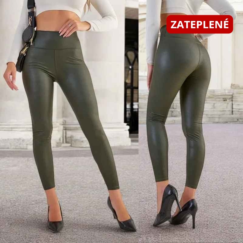 SIA zateplené koženkové legíny – tmavě zelená, matný vzhled, velikost S/M