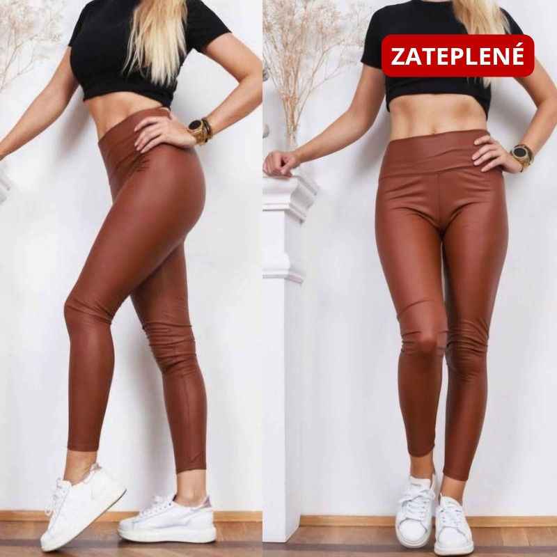SIA zateplené koženkové legíny – čokoládová, matný vzhled, velikost S/M