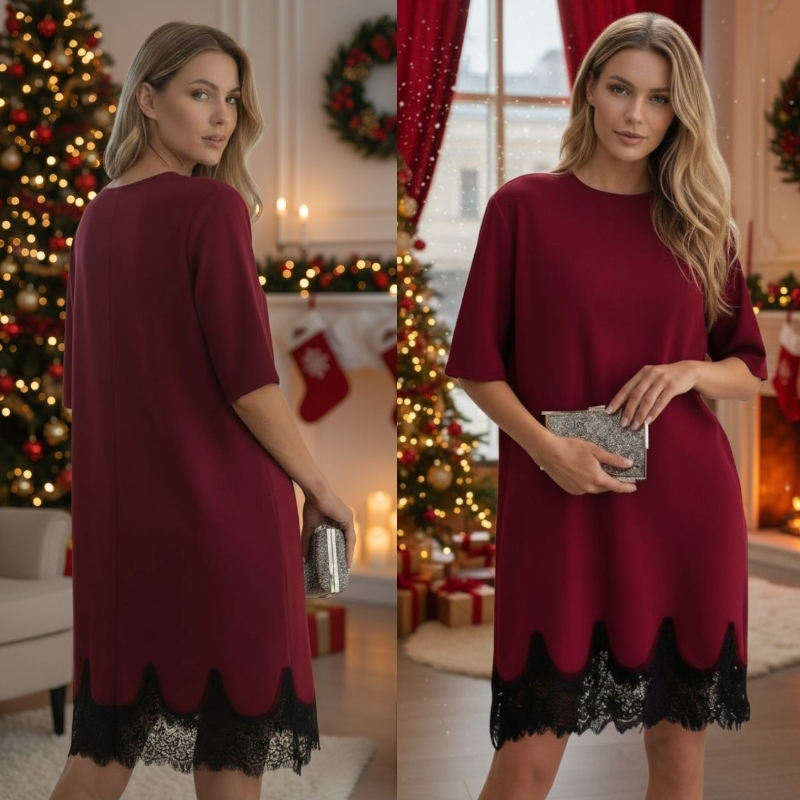 IVETTE - mikinové šaty s krajkou - burgundy, velikost sedne do velikosti 48