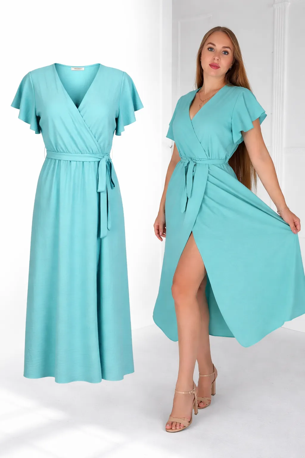 SCARLETT - dlouhé šaty s páskem - aqua, sednou od S do XL