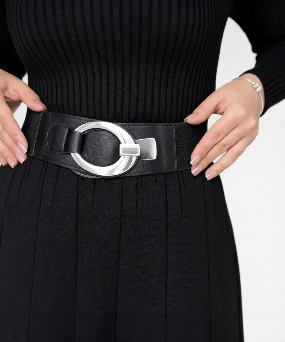 LARA - pružný pásek se stříbrnou sponou - černá, více velikostí