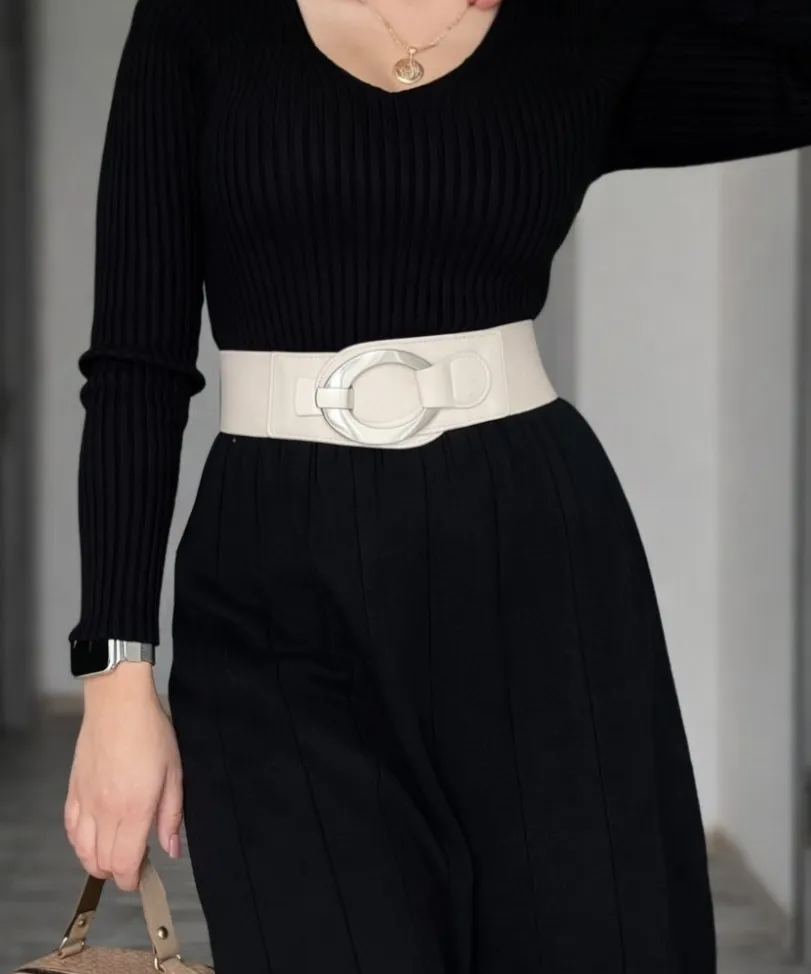 LARA - pružný pásek se stříbrnou sponou - světle béžová, více velikostí