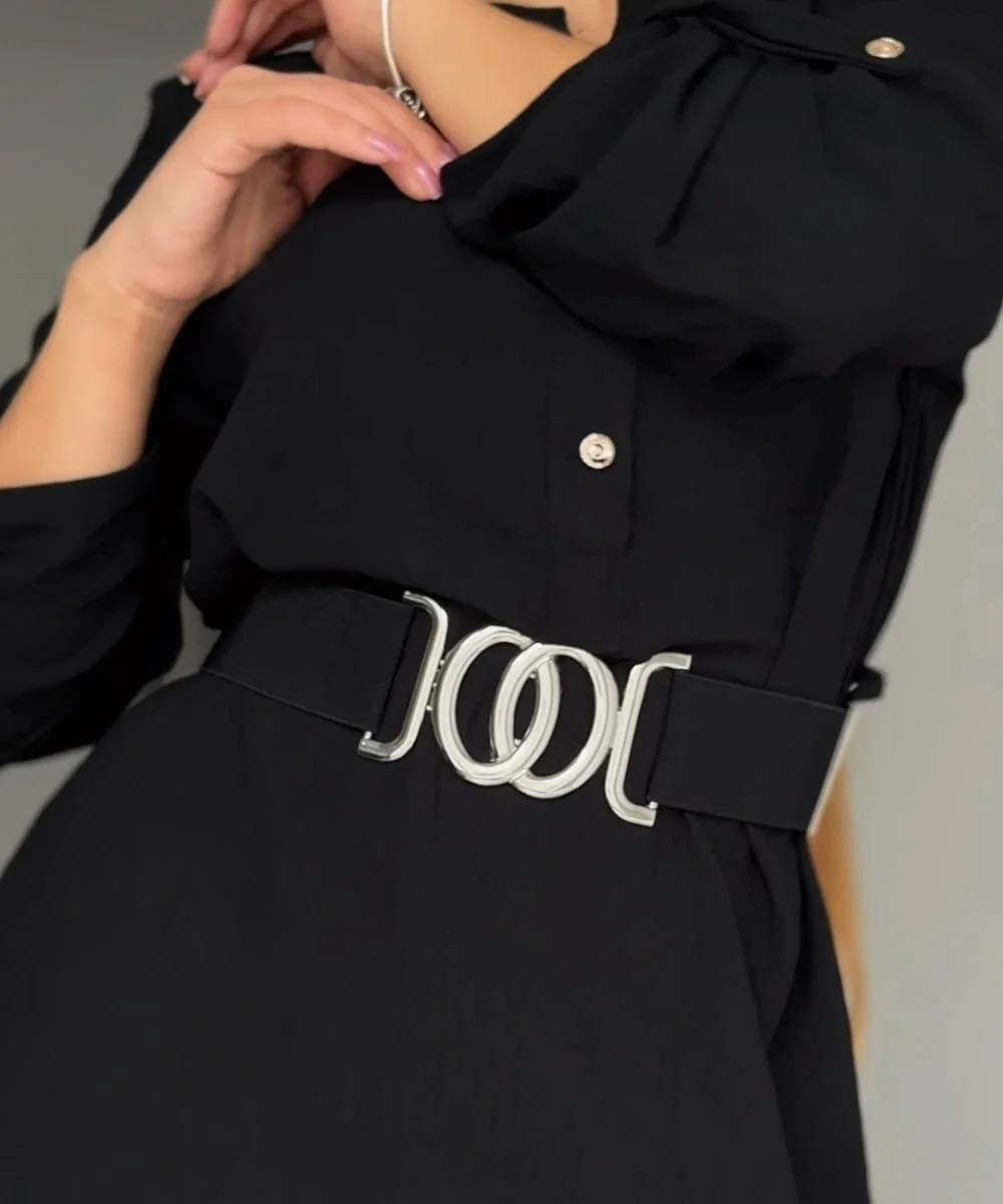 VIA - pružný pásek černý se stříbrnou sponou, velikost 70-110 cm