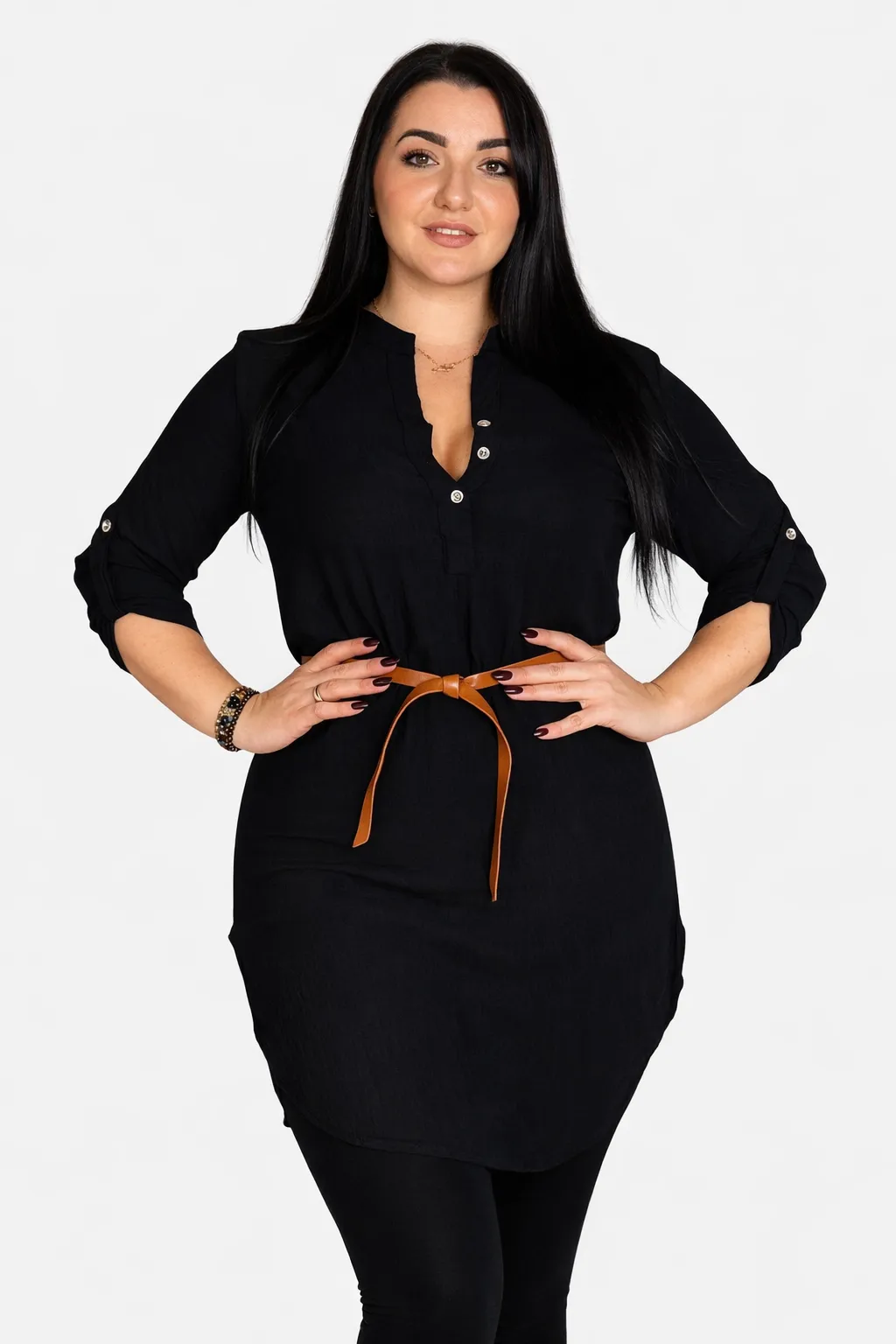 TREND - košilová tunika s páskem - černá