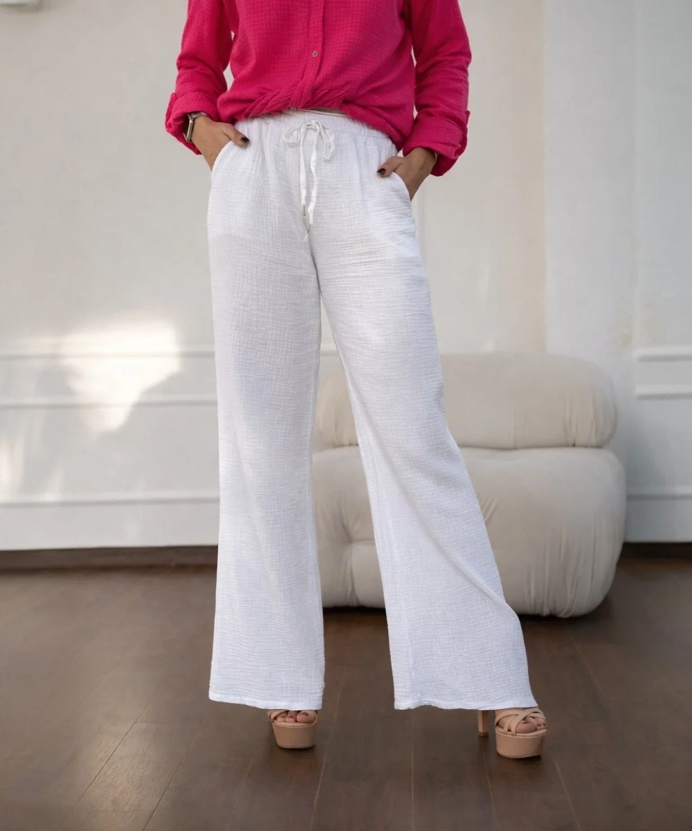 PALMA - mušelínové kalhoty s kapsami - bílá, velikost sedne od S do L