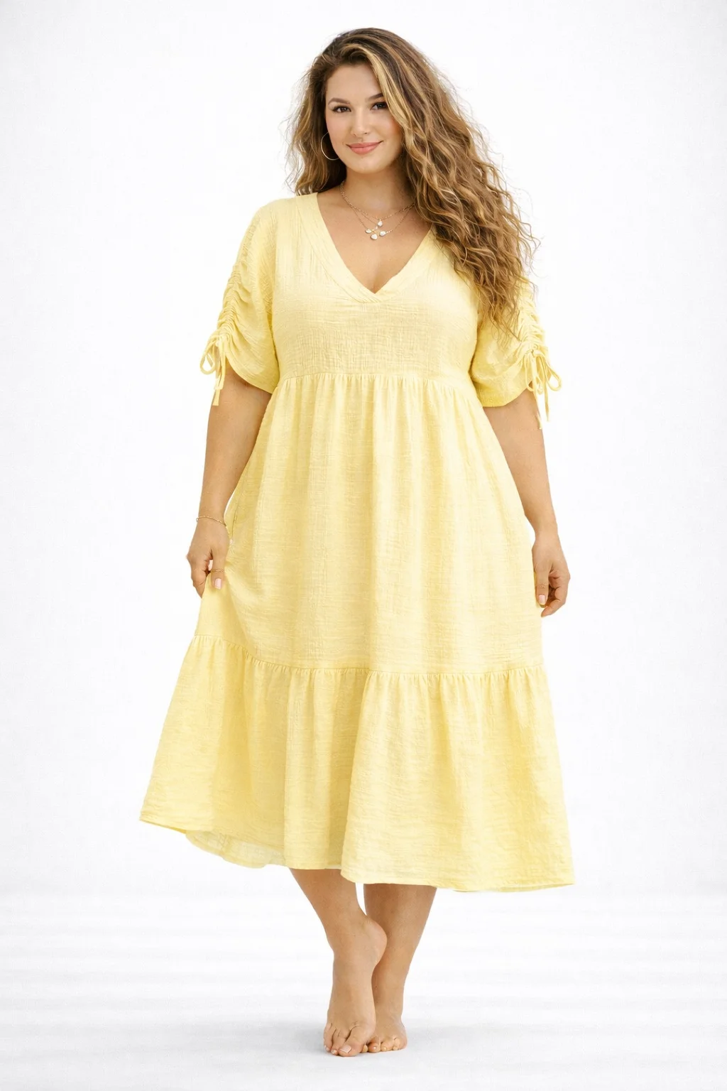 LIANA - PLUS SIZE mušelínové šaty - žlutá, sednou do velikosti 50