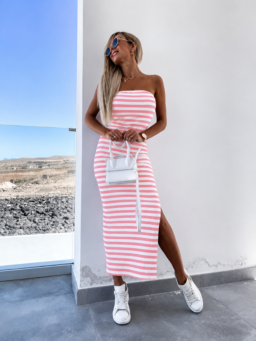 SUMMER - pruhované šaty, jahodová - velikost sedne od S do M
